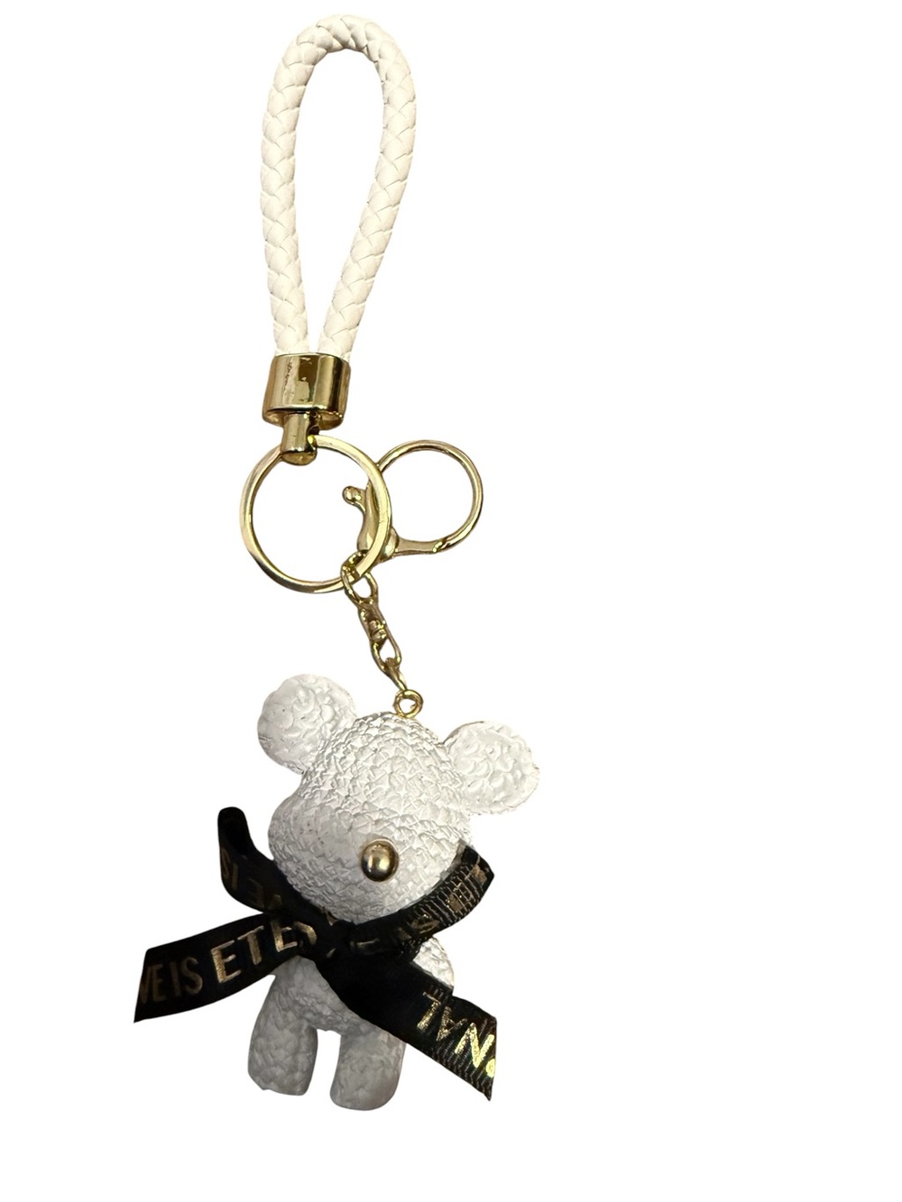 White Teddy Bear Keychain with Gold Hardware and Black Ribbon